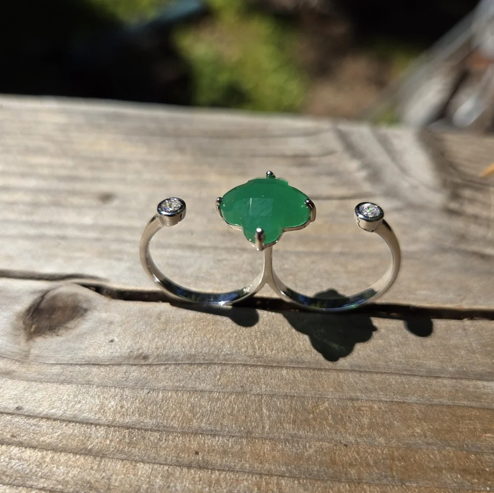 8k clover cut Emerald & Topaz dual finger ring adjustable size8 - Picture 7 of 13